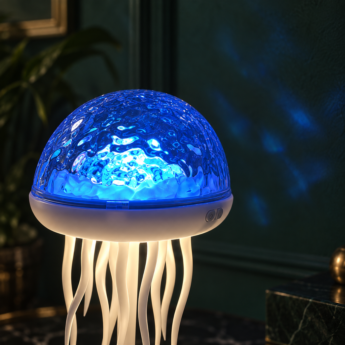Lampe Médusa effet lumineux blanc chaud sur table de nuit