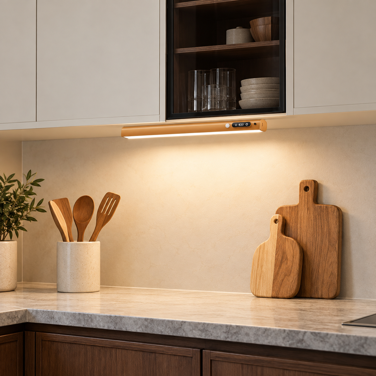 Gold Stone, réglette LED dorée sous un meuble de cuisine, lumière chaude sur le plan de travail