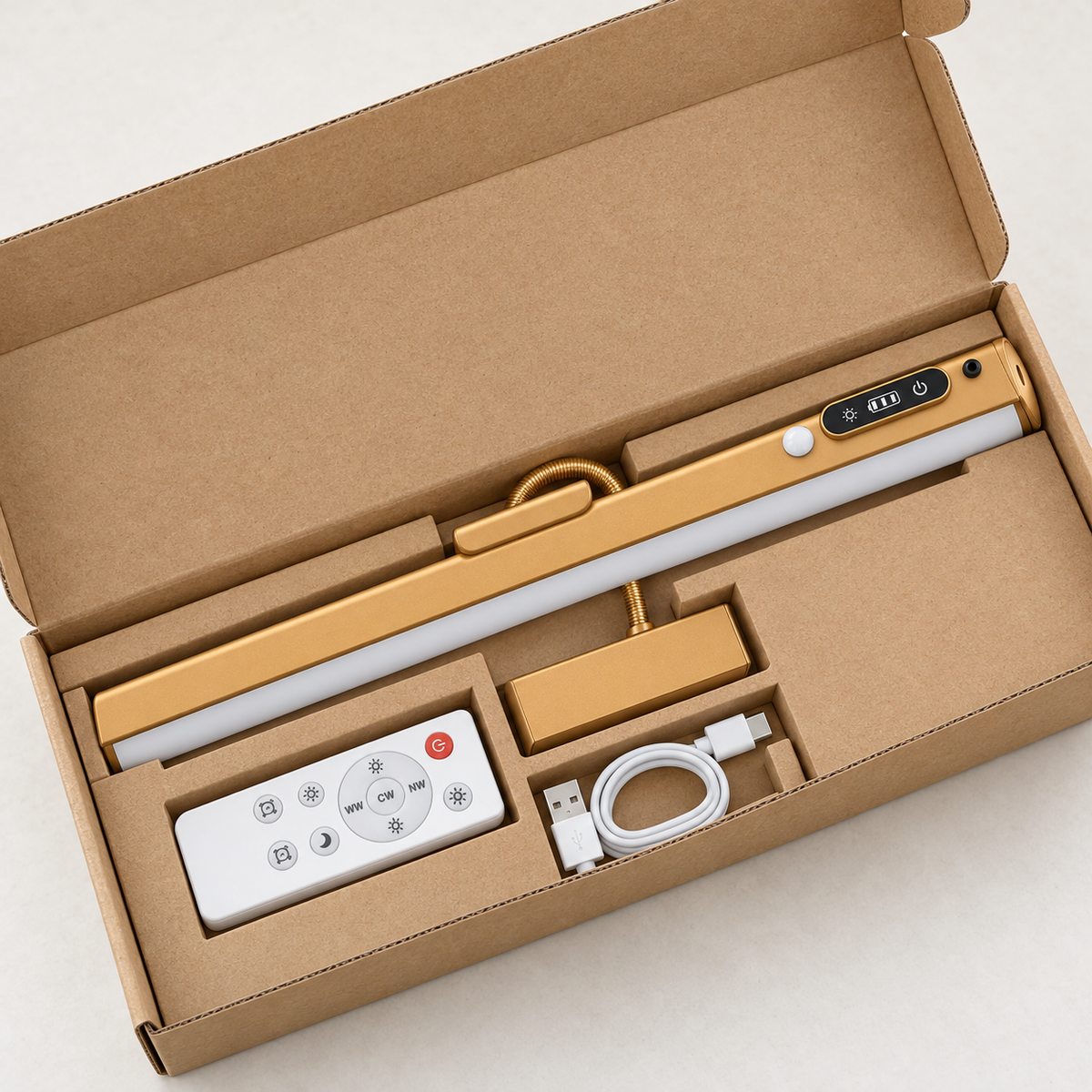 Contenu du coffret Gold Stone : applique LED dorée, support, télécommande et câble USB-C